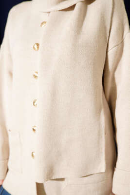 Atkılı Düğmeli Cepli Triko Hırka Taş - Hırka