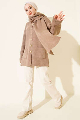 Atkılı Düğmeli Cepli Triko Hırka Vizon - Hırka