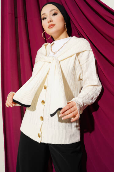 Atkılı Örgülü Kısa Triko Hırka Ekru - Hırka