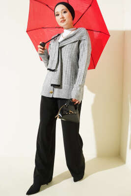 Atkılı Örgülü Kısa Triko Hırka Gri - Hırka