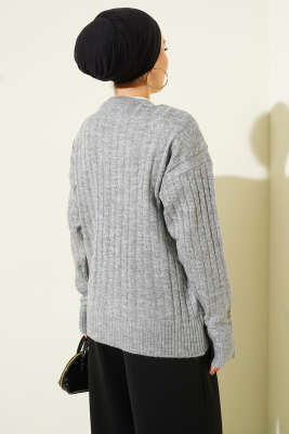 Atkılı Örgülü Kısa Triko Hırka Gri - Hırka