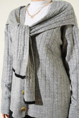 Atkılı Örgülü Kısa Triko Hırka Gri - Hırka