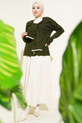 Atkılı Örgülü Kısa Triko Hırka Haki - Hırka