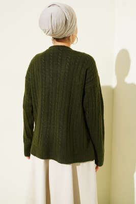 Atkılı Örgülü Kısa Triko Hırka Haki - Hırka