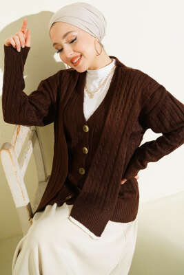 Atkılı Örgülü Kısa Triko Hırka Kahve - FİXAY