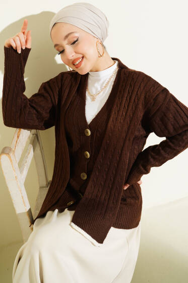 Atkılı Örgülü Kısa Triko Hırka Kahve - Hırka