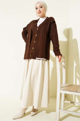 Atkılı Örgülü Kısa Triko Hırka Kahve - Hırka