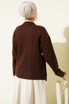 Atkılı Örgülü Kısa Triko Hırka Kahve - Hırka