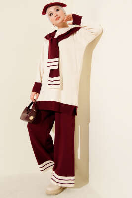 Atkılı Şerit Detaylı Triko İkili Takım Bordo - NESSİA