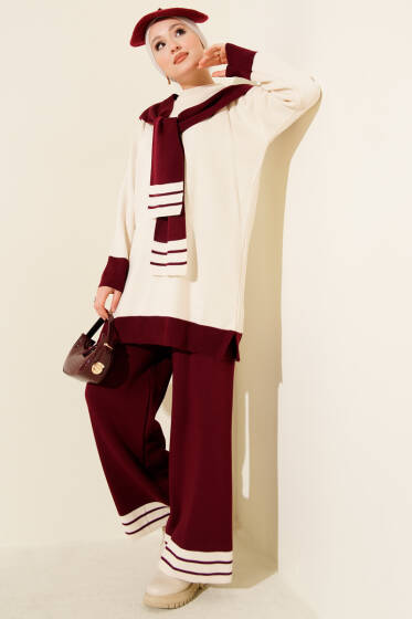 Atkılı Şerit Detaylı Triko İkili Takım Bordo - İkili Takım