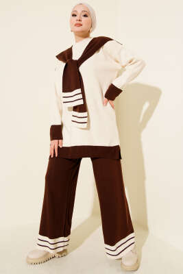 Atkılı Şerit Detaylı Triko İkili Takım Kahve - NESSİA