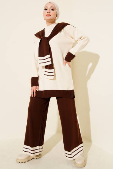 Atkılı Şerit Detaylı Triko İkili Takım Kahve - İkili Takım