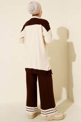 Atkılı Şerit Detaylı Triko İkili Takım Kahve - İkili Takım