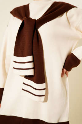 Atkılı Şerit Detaylı Triko İkili Takım Kahve - İkili Takım