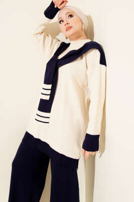 Atkılı Şerit Detaylı Triko İkili Takım Lacivert - İkili Takım