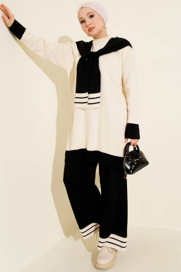 Atkılı Şerit Detaylı Triko İkili Takım Siyah - İkili Takım