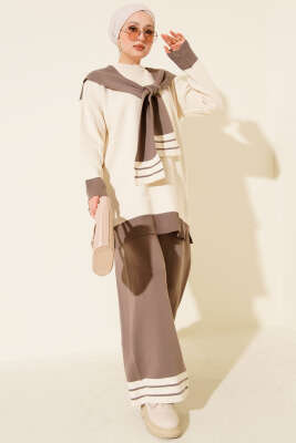 Atkılı Şerit Detaylı Triko İkili Takım Vizon - NESSİA