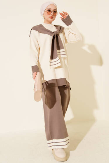 Atkılı Şerit Detaylı Triko İkili Takım Vizon - İkili Takım