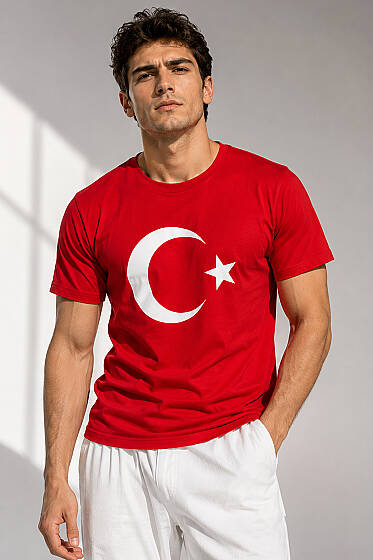 Ay Yıldız Baskılı Erkek T-shirt Kırmızı - Erkek T-shirt
