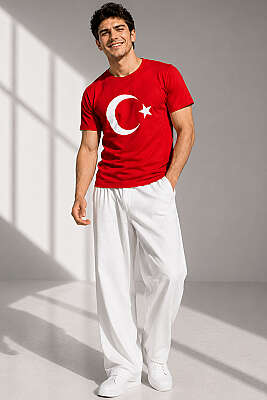 Ay Yıldız Baskılı Erkek T-shirt Kırmızı - Erkek T-shirt