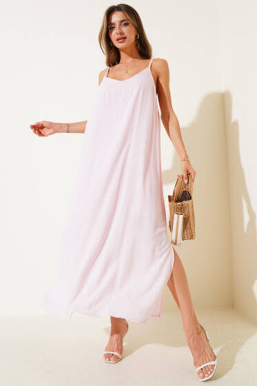 Ayarlanabilir Askılı Yan Yırtmaçlı Elbise Pembe - Kadın Giyim Modelleri