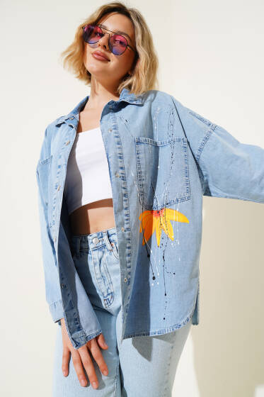 Ayçiçeği Desen Kot Gömlek Mavi - Kadın Giyim Modelleri