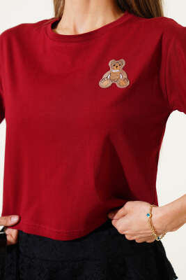 Ayıcık Armalı Kısa T-shirt Bordo - Kadın Giyim Modelleri