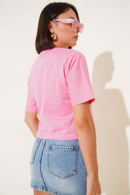 Ayıcık Armalı Kısa T-shirt Pembe - Kadın Giyim Modelleri