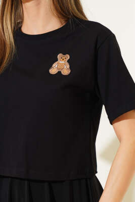 Ayıcık Armalı Kısa T-shirt Siyah - Kadın Giyim Modelleri