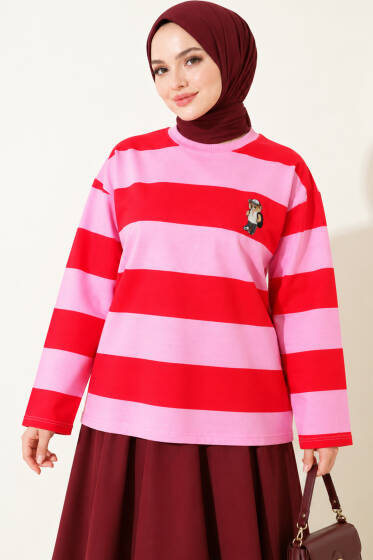 Ayıcık Baskılı Çizgili Tunik Pembe - Tunik