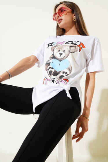 Ayıcık Baskılı Duble Kol T-shirt Beyaz - Kadın Giyim Modelleri