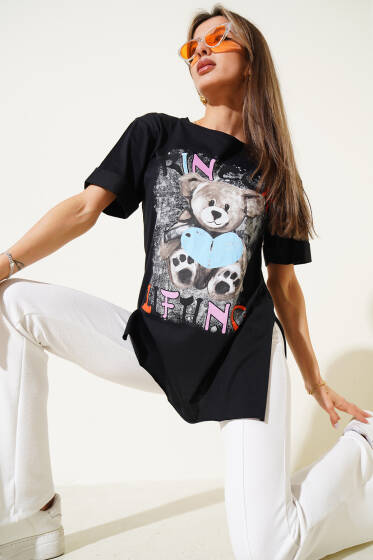 Ayıcık Baskılı Duble Kol T-shirt Siyah - Kadın Giyim Modelleri