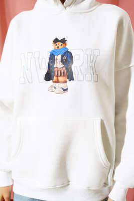 Ayıcık Baskılı Kapüşonlu Şardonlu Sweatshirt Ekru - Kadın Giyim Modelleri