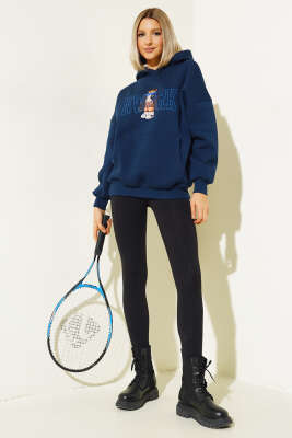 Ayıcık Baskılı Kapüşonlu Şardonlu Sweatshirt Lacivert - Kadın Giyim Modelleri