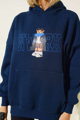 Ayıcık Baskılı Kapüşonlu Şardonlu Sweatshirt Lacivert - Kadın Giyim Modelleri