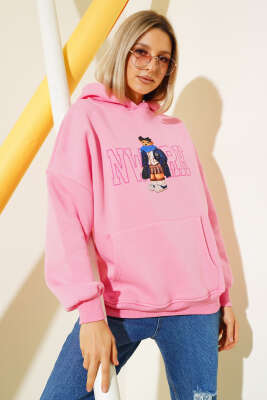 Ayıcık Baskılı Kapüşonlu Şardonlu Sweatshirt Pembe - Yeni Giyim