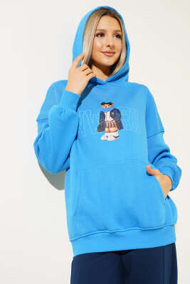 Ayıcık Baskılı Kapüşonlu Şardonlu Sweatshirt Saks - Kadın Giyim Modelleri
