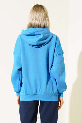 Ayıcık Baskılı Kapüşonlu Şardonlu Sweatshirt Saks - Kadın Giyim Modelleri