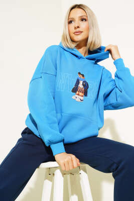 Ayıcık Baskılı Kapüşonlu Şardonlu Sweatshirt Saks 