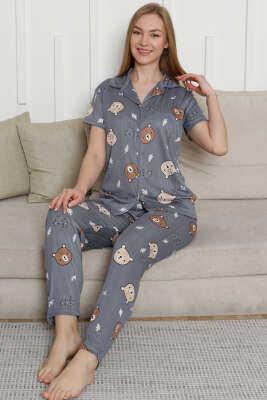 Ayıcık Baskılı Kısa Kol Pijama Takımı Gri 