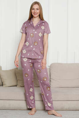 Ayıcık Baskılı Kısa Kol Pijama Takımı Lila 