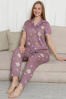Ayıcık Baskılı Kısa Kol Pijama Takımı Lila - Kadın Pijama Takımı