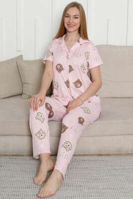 Ayıcık Baskılı Kısa Kol Pijama Takımı Pembe 