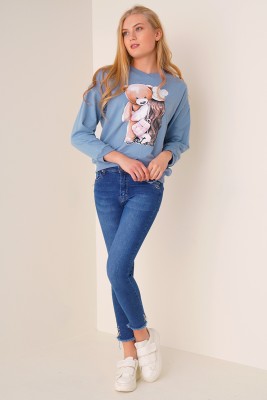 Ayıcık Baskılı Mavi Sweatshirt - Kadın Giyim Modelleri