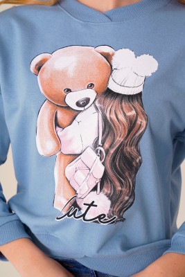 Ayıcık Baskılı Mavi Sweatshirt - Kadın Giyim Modelleri