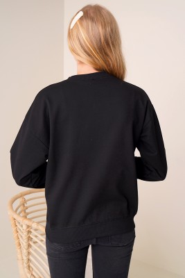Ayıcık Baskılı Siyah Sweatshirt - Kadın Giyim Modelleri