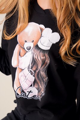 Ayıcık Baskılı Siyah Sweatshirt - Kadın Giyim Modelleri
