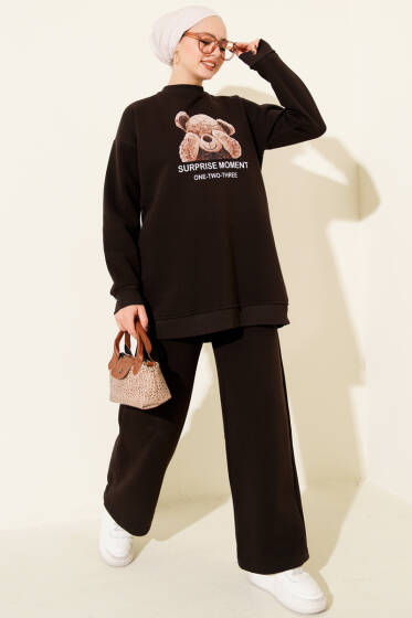 Ayıcık Baskılı Üç İplik İkili Takım Acı Kahve - İkili Takım