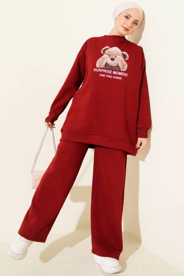 Ayıcık Baskılı Üç İplik İkili Takım Bordo - İkili Takım