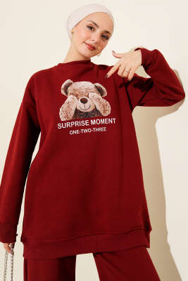 Ayıcık Baskılı Üç İplik İkili Takım Bordo - İkili Takım